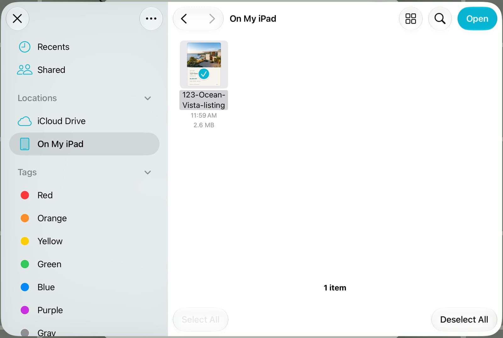 The Files picker with the listing PDF checked and the Open button.
