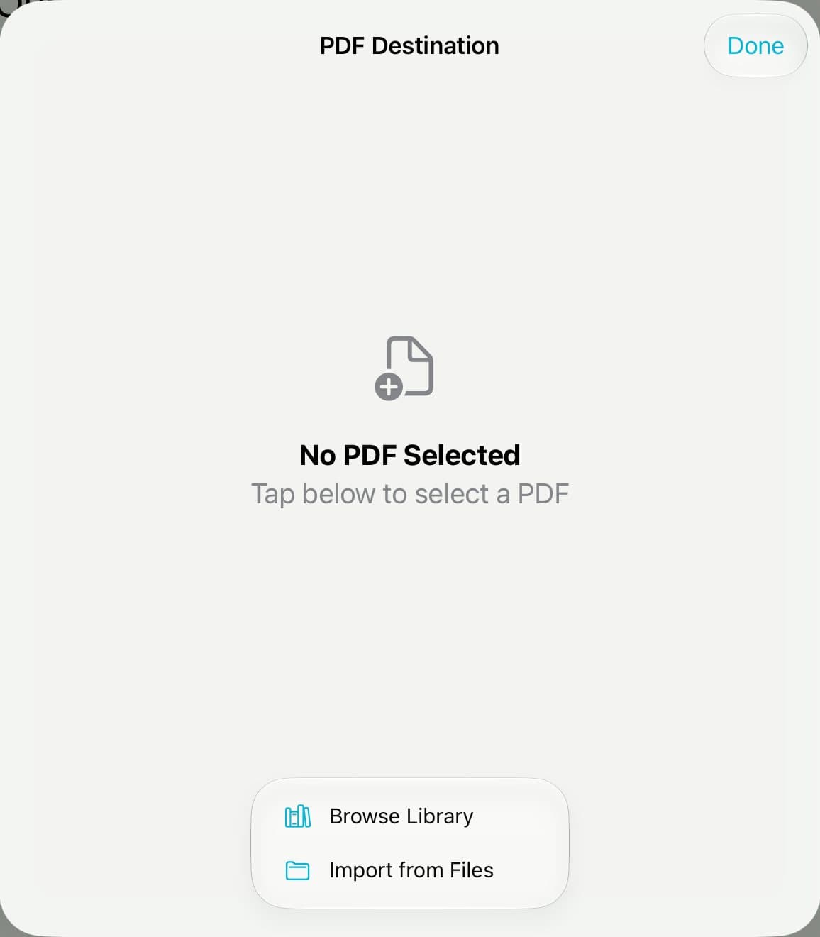 The PDF Destination sheet with Browse Library and Import from Files.