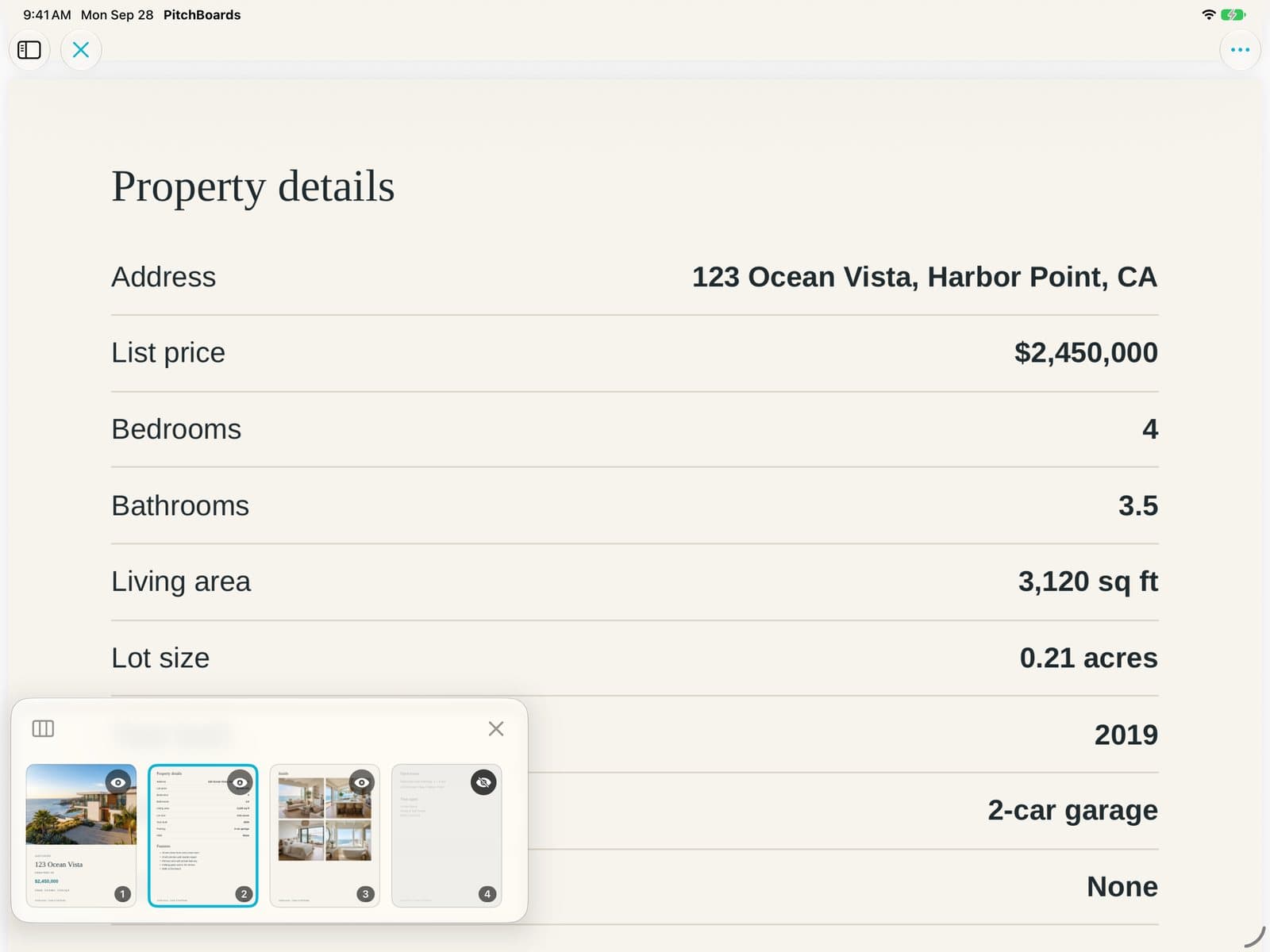 Page 2 of the PDF, Property details, filling the screen above the page strip.