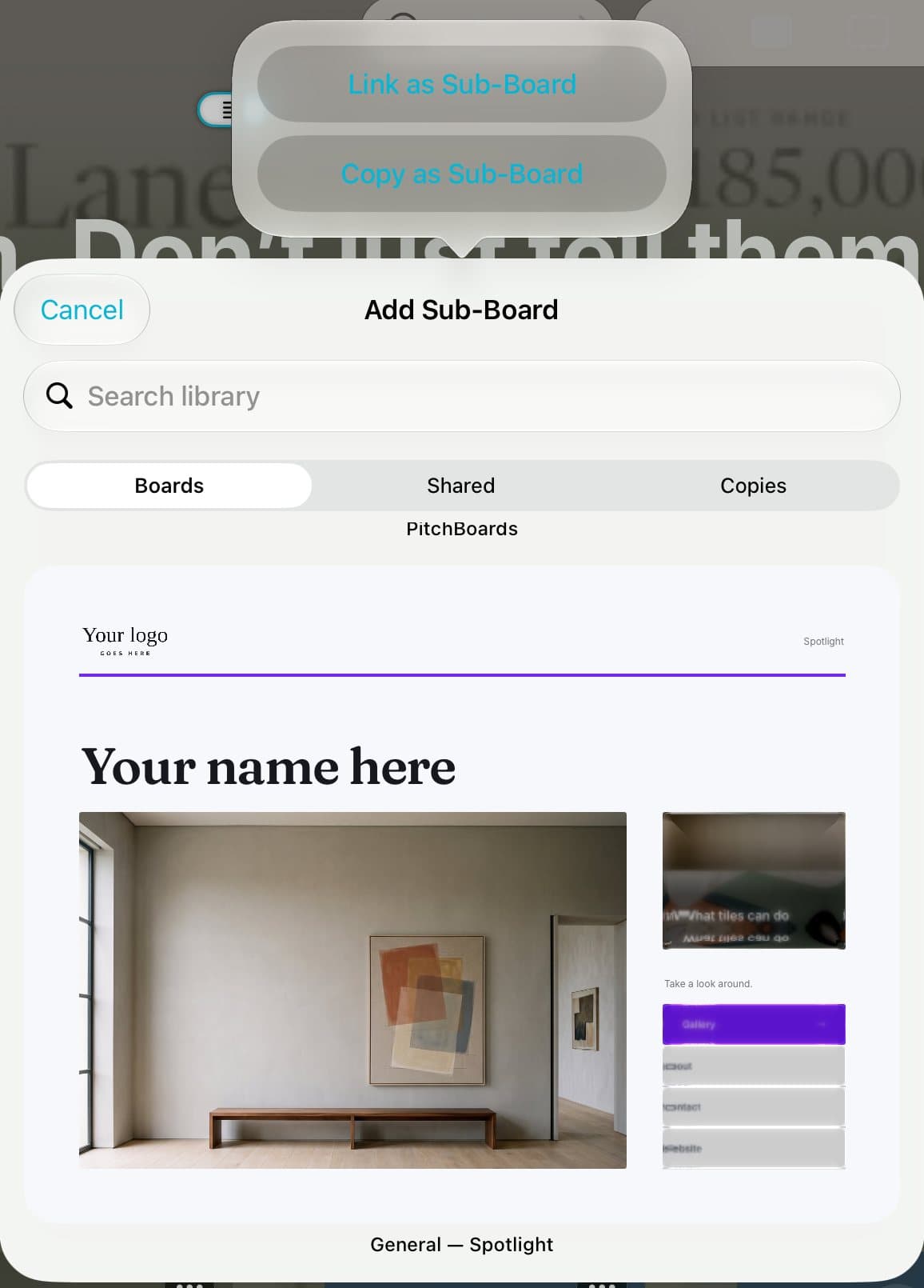 The Add Sub-Board library with Link as Sub-Board and Copy as Sub-Board at the top.