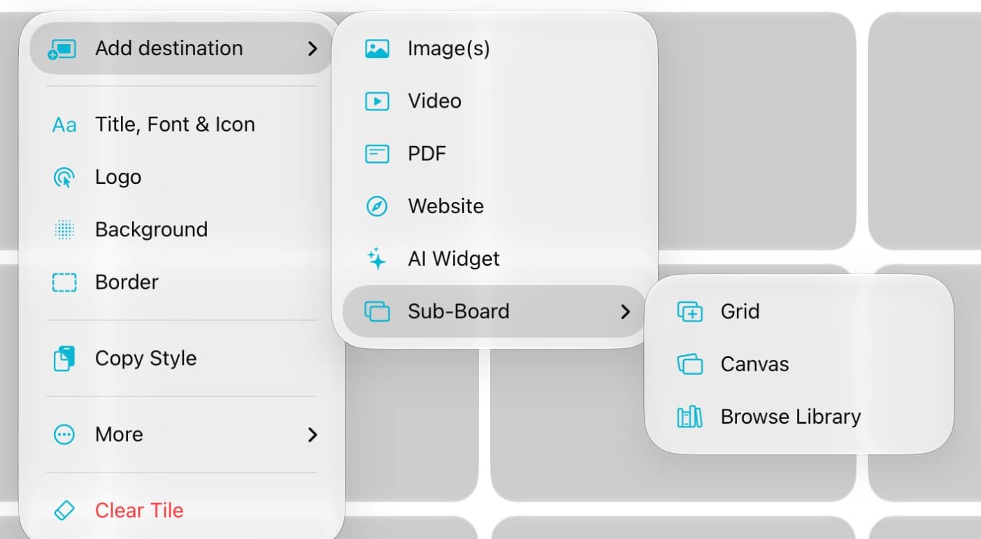 The tile menu with Sub-Board open, showing Grid, Canvas, and Browse Library.