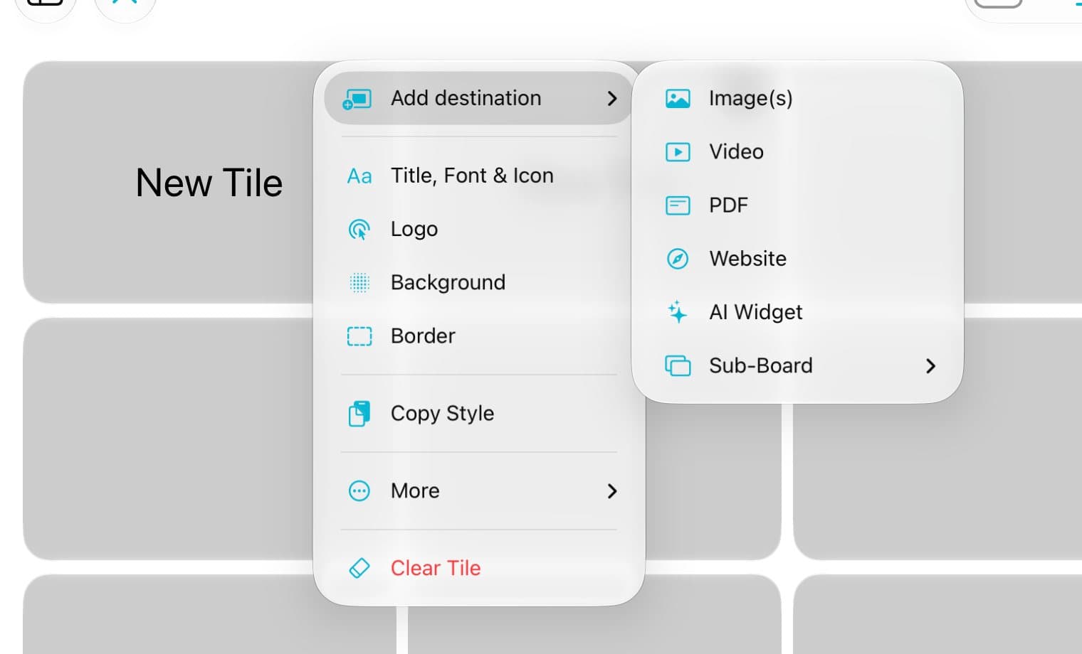 The Add destination list: Images, Video, PDF, Website, AI Widget, Sub-Board.