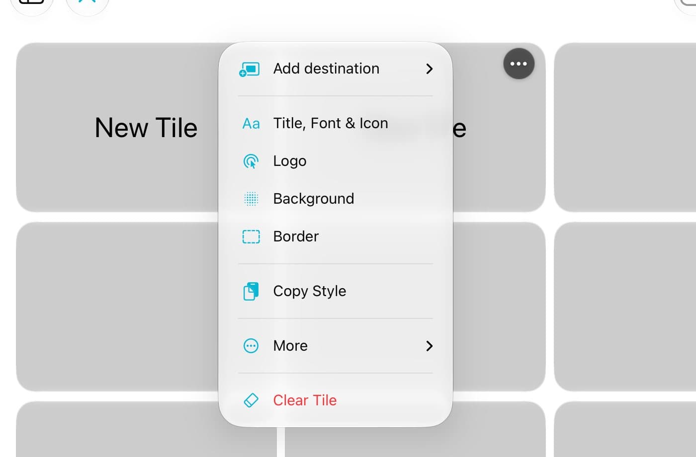 A tile's menu with Add destination, Title Font and Icon, Background, and more.