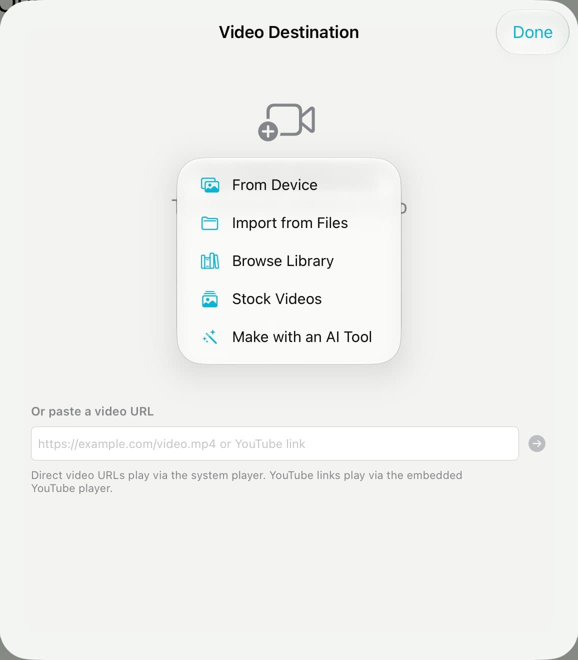 The Video Destination sheet with a menu: From Device, Import from Files, Browse Library, Stock Videos, Make with an AI Tool.