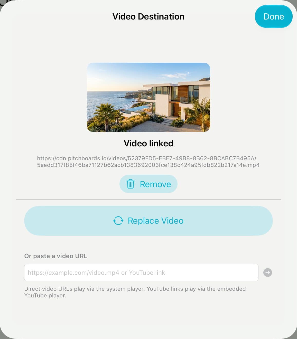 The Video Destination sheet showing the video's first frame and Video linked.