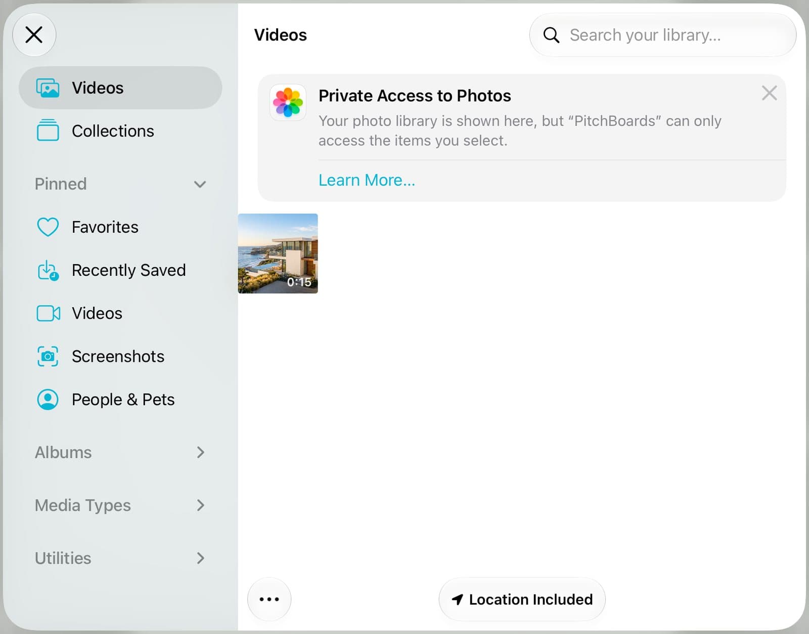 The Videos picker showing one 15-second house video.