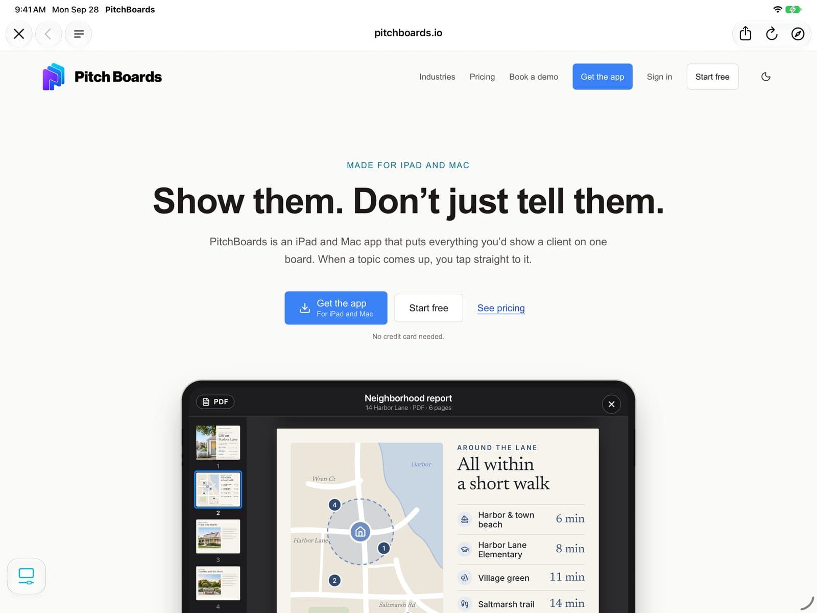 The pitchboards.io home page open inside the app.