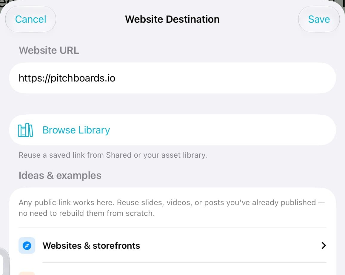 The Website Destination sheet with https://pitchboards.io typed in.