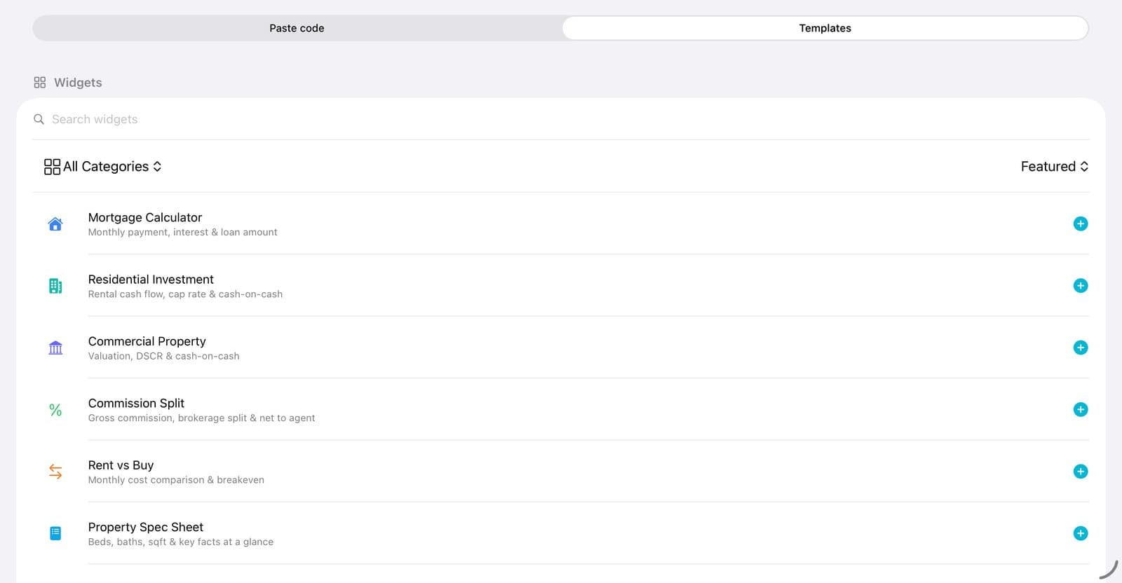 The Templates tab: Mortgage Calculator, Residential Investment, Commercial Property, and more.