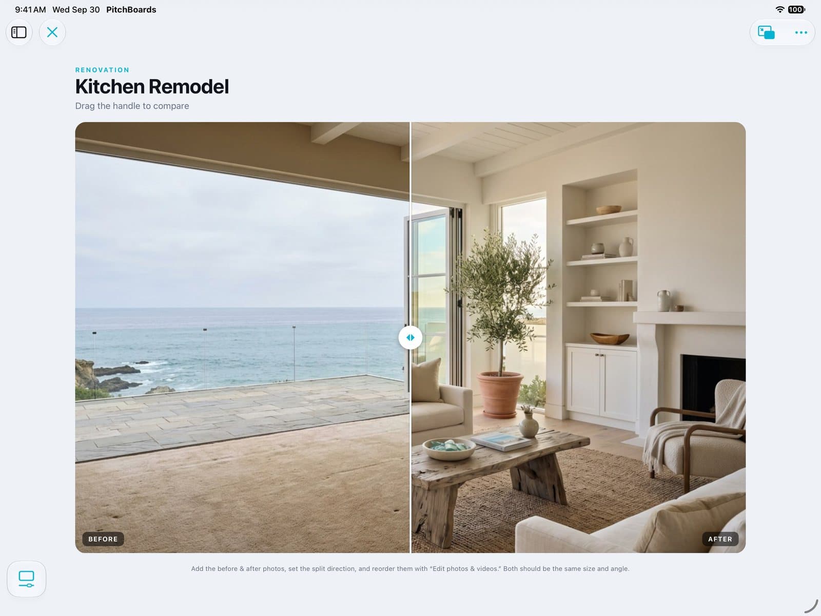 A before-and-after slider of an empty room and the same room staged.