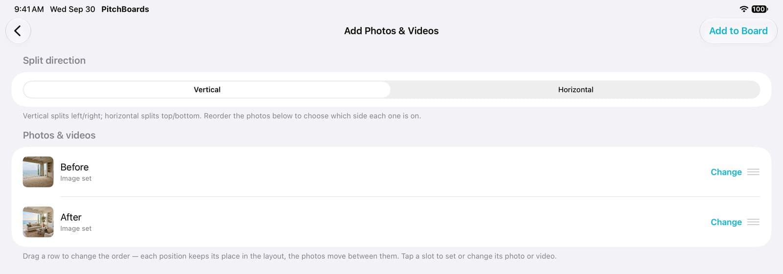 Add Photos & Videos with a Before and an After photo set.