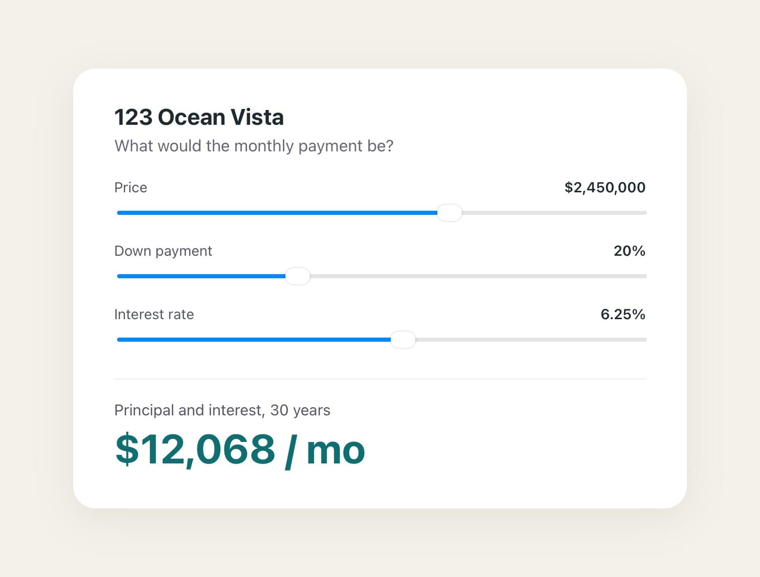 A payment calculator for 123 Ocean Vista showing $12,068 a month.