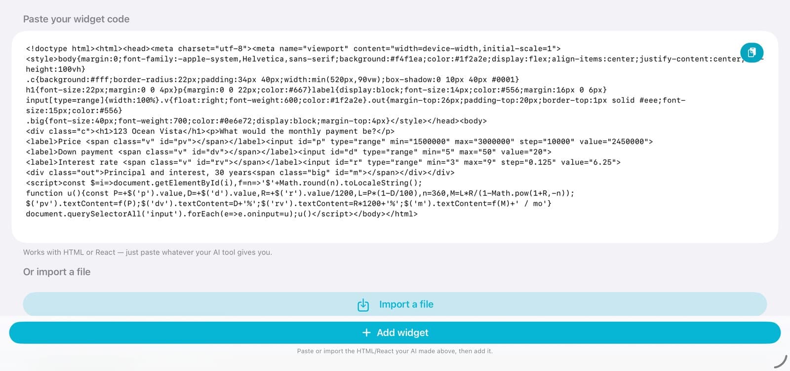 The Paste code box filled with HTML, and the Add widget button.
