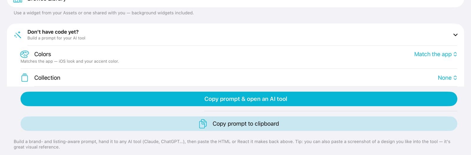 The prompt section with Colors, Collection, and the Copy prompt buttons.