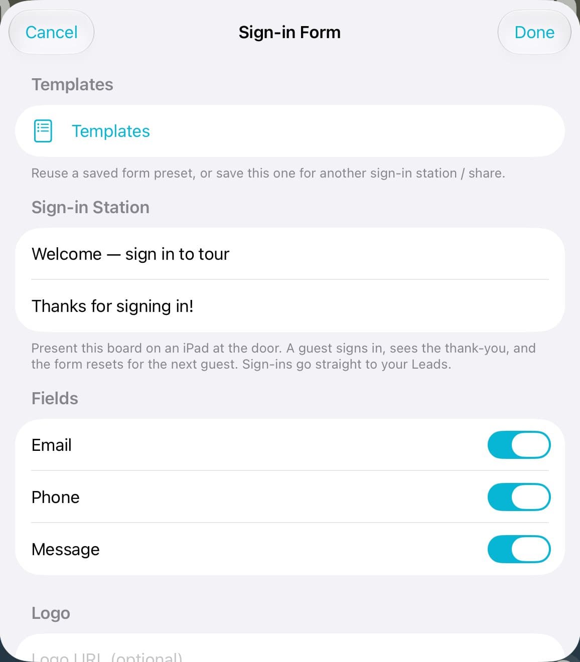The Sign-in Form sheet with the welcome line, thank-you line, and Email, Phone, and Message switches.