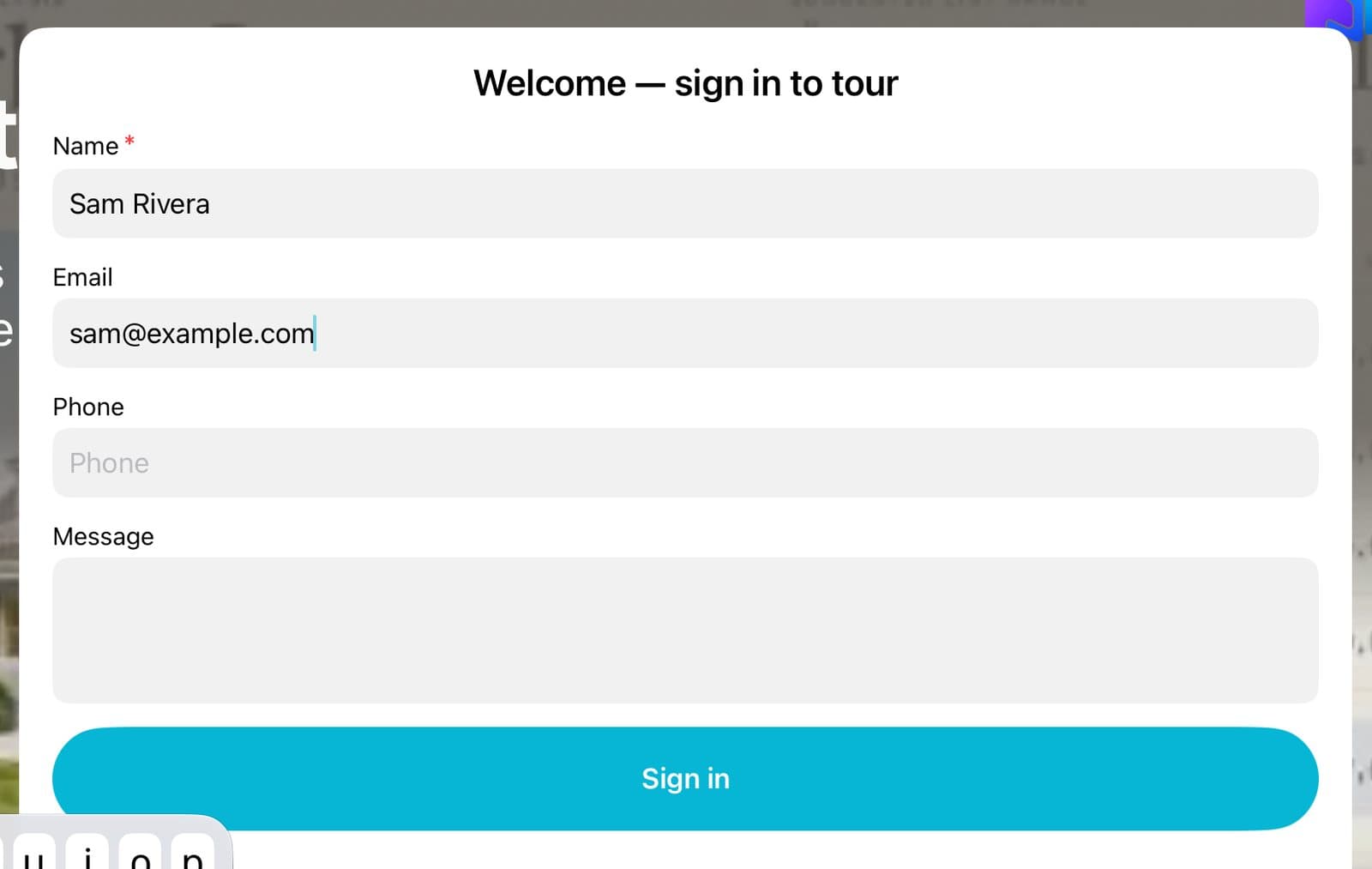 The sign-in form with a guest's name and email typed in.