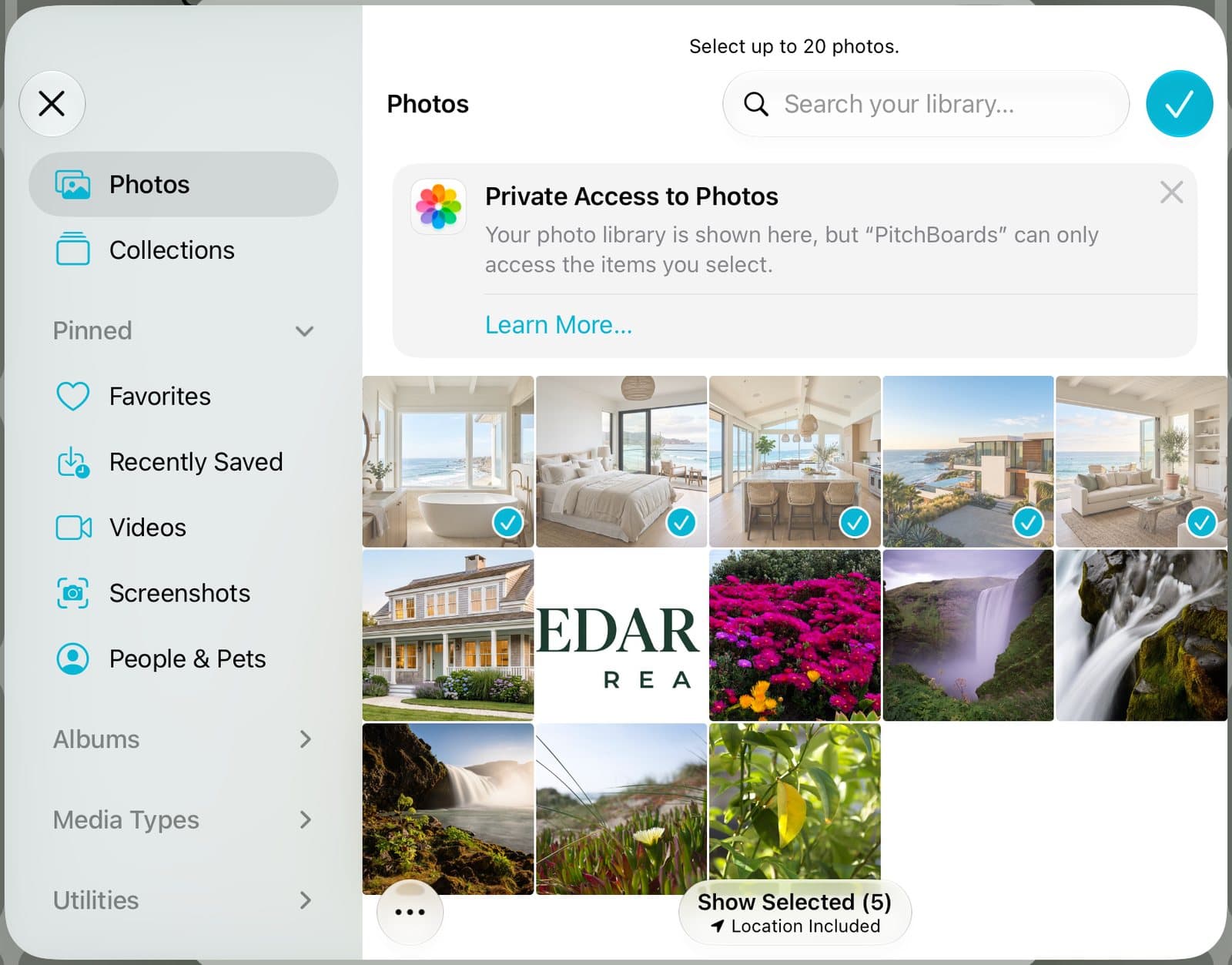 The photo picker with five house photos checked.