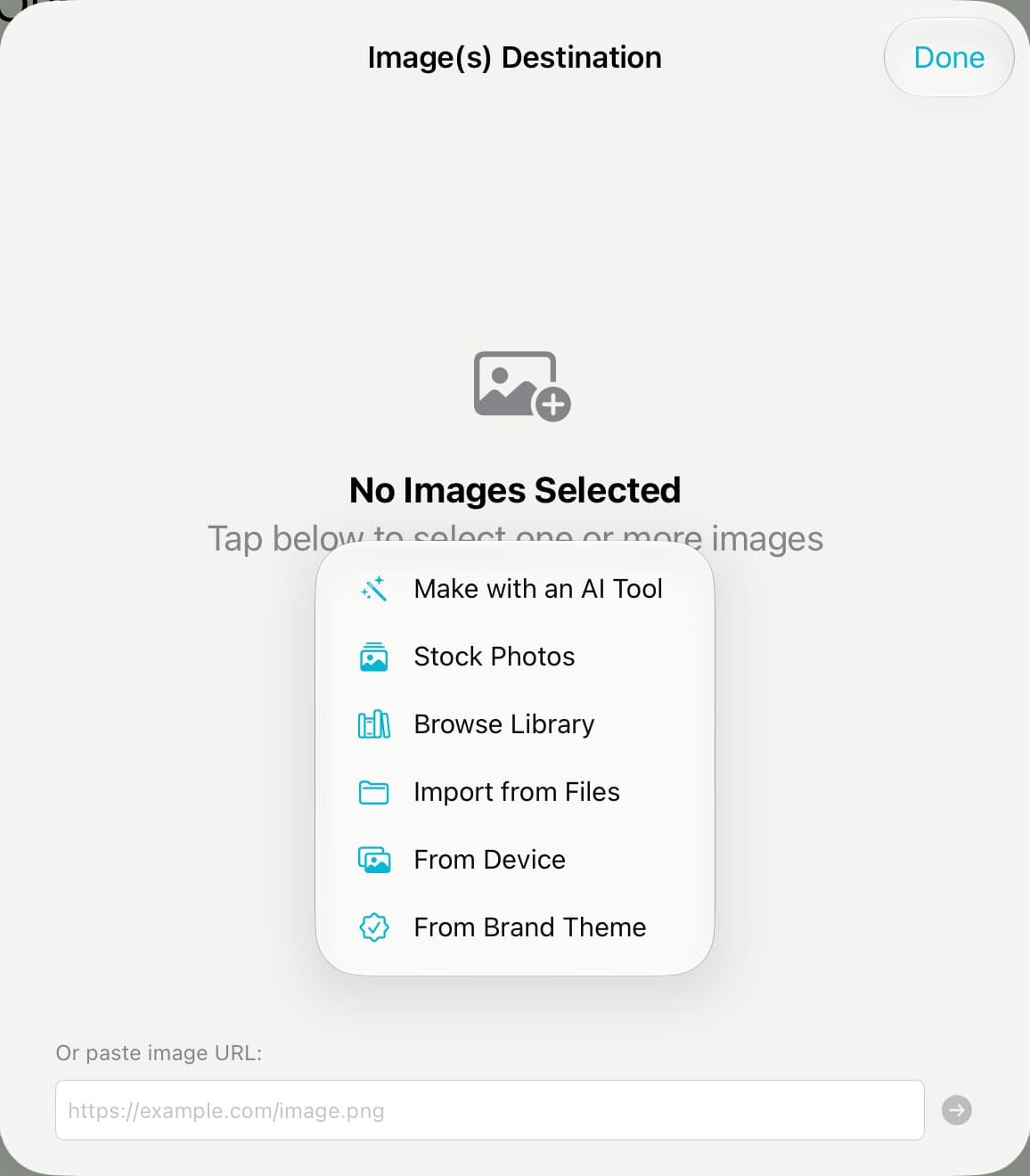 The Image(s) Destination sheet with a menu: Make with an AI Tool, Stock Photos, Browse Library, Import from Files, From Device, From Brand Theme.