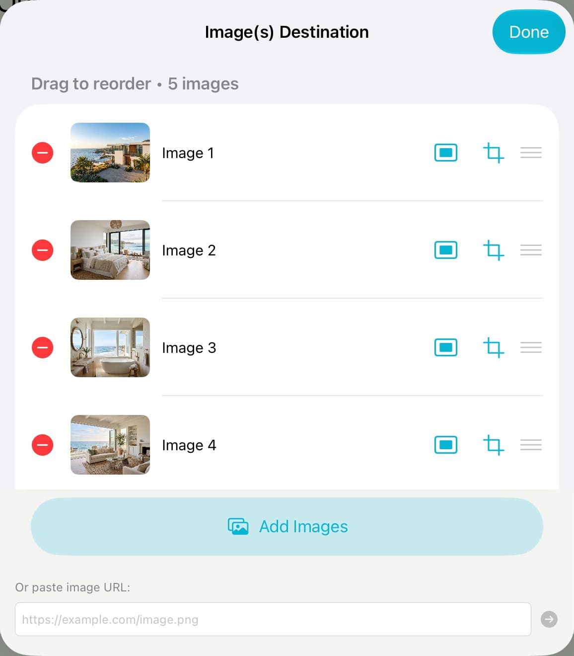 The list of five photos with drag handles, crop buttons, and the Done button.