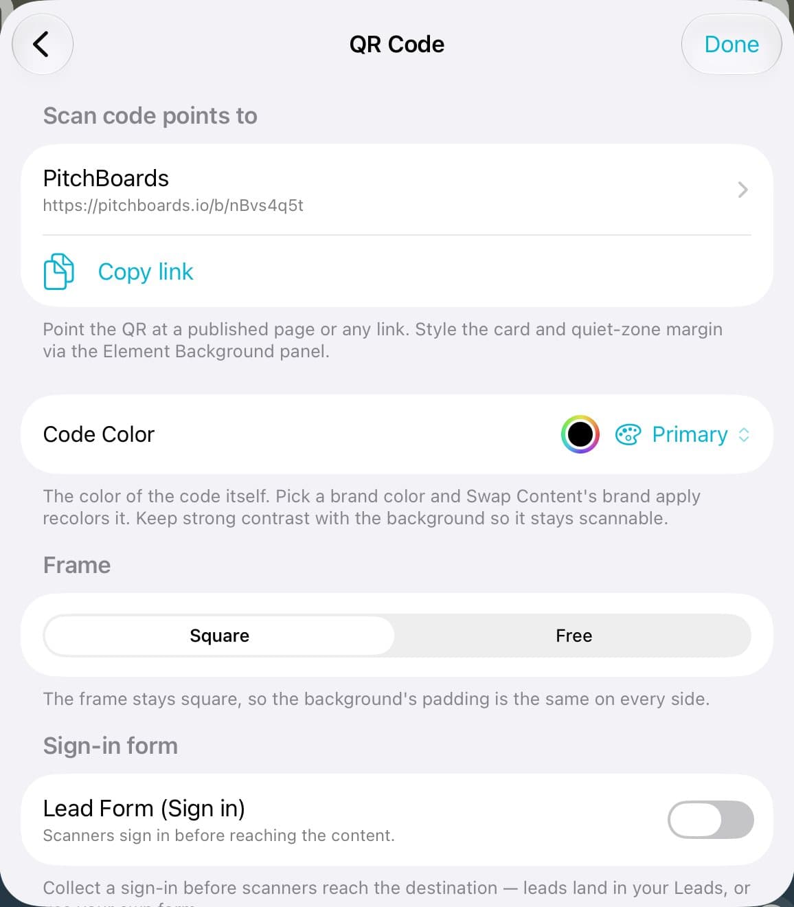 The QR Code sheet showing where the code points, its color, and the sign-in form switch.