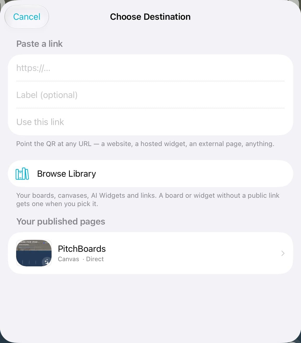 The Choose Destination sheet with a link field and your published pages.