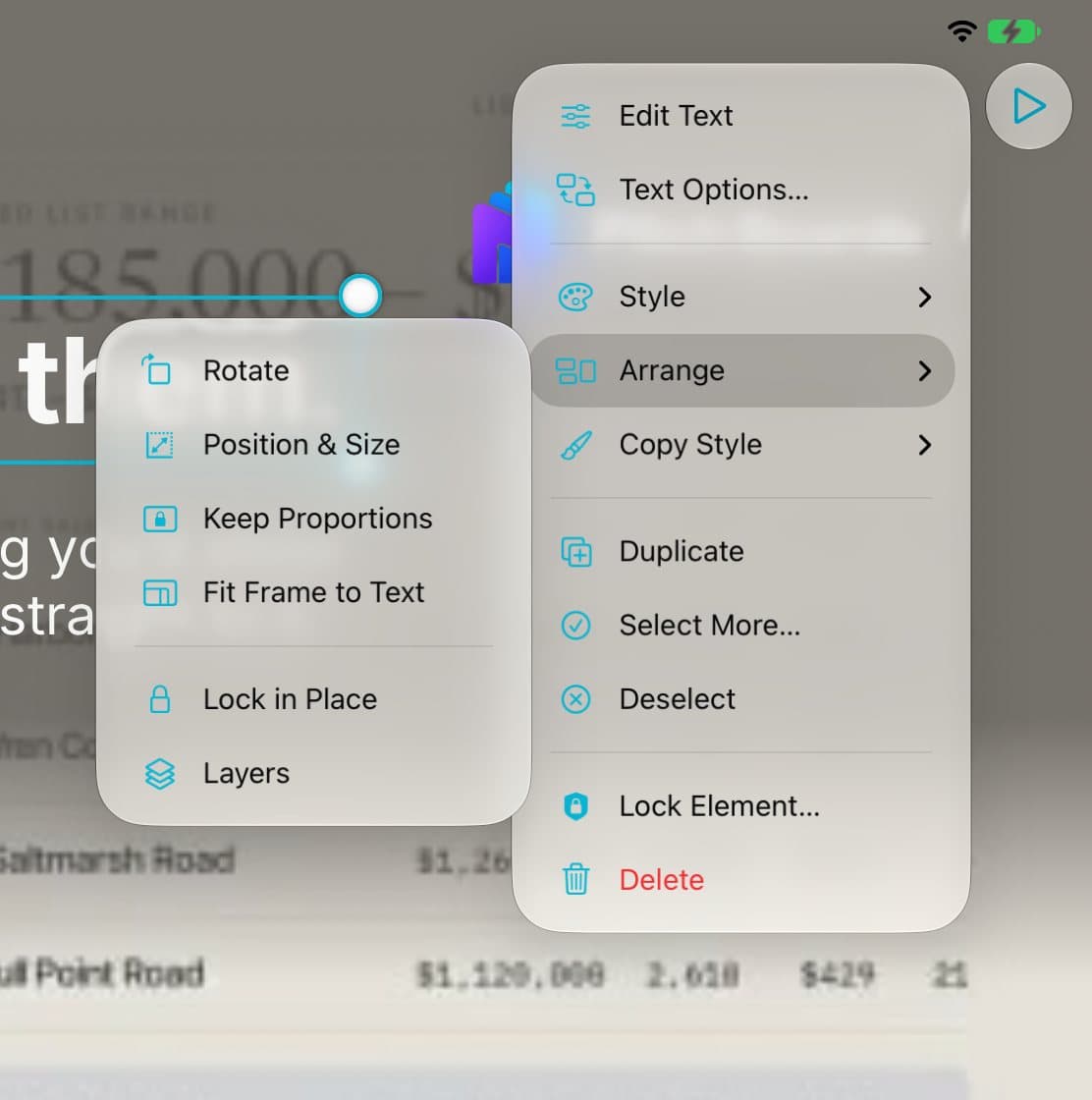 The Arrange menu with Lock in Place.