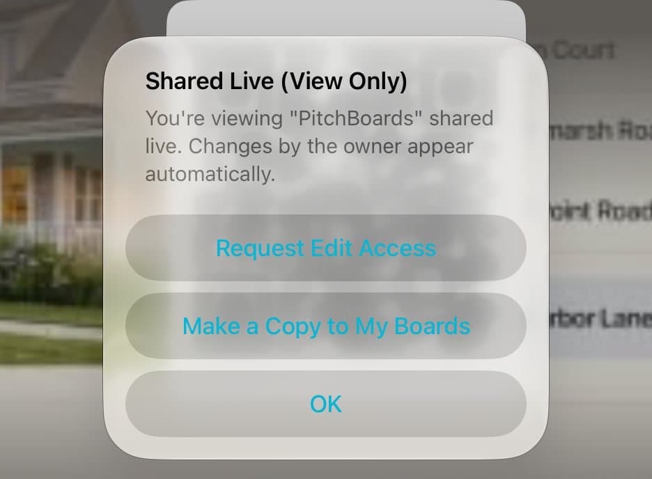 Shared Live (View Only) with Request Edit Access, Make a Copy to My Boards, and OK.