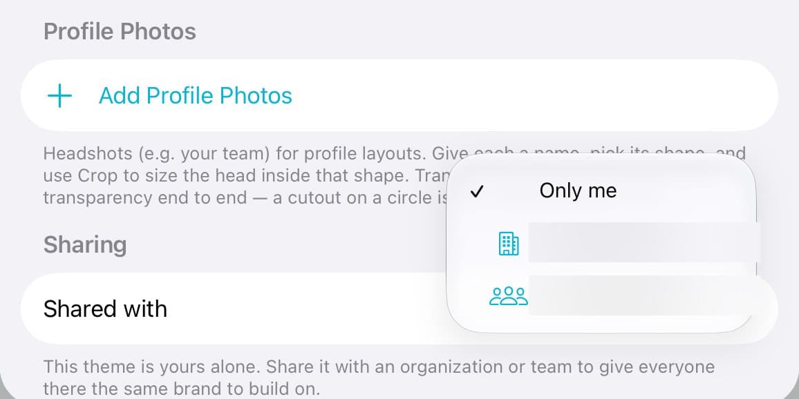 The Shared with menu: Only me, your organization, and a team. Names are blurred.