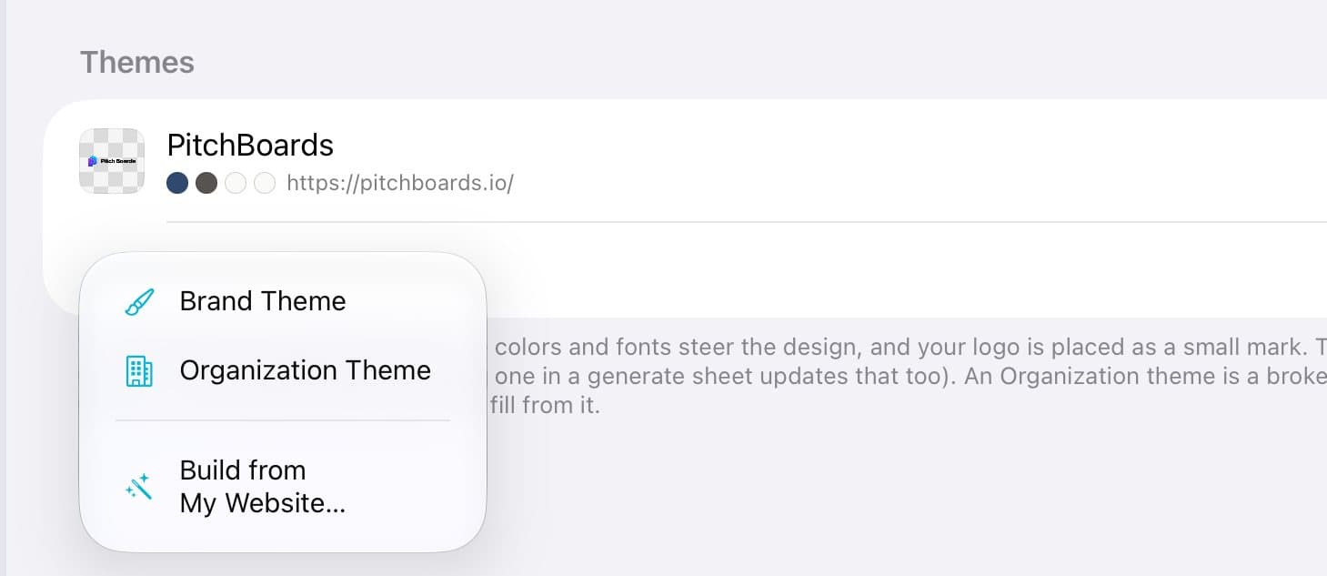 The New Theme menu with Organization Theme.