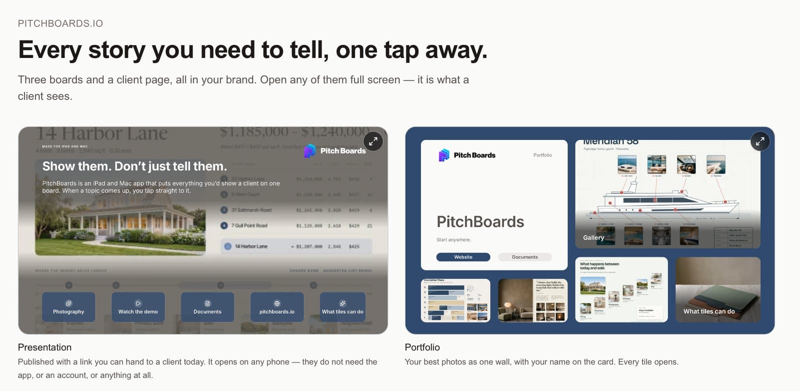 The finished boards: a presentation and a portfolio in the website's brand.