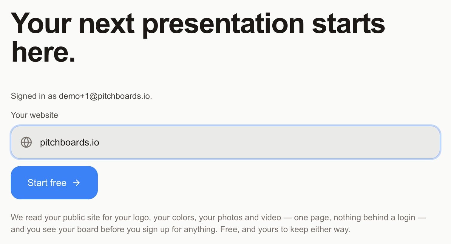 The Your website field with a website typed in, and the Start free button.