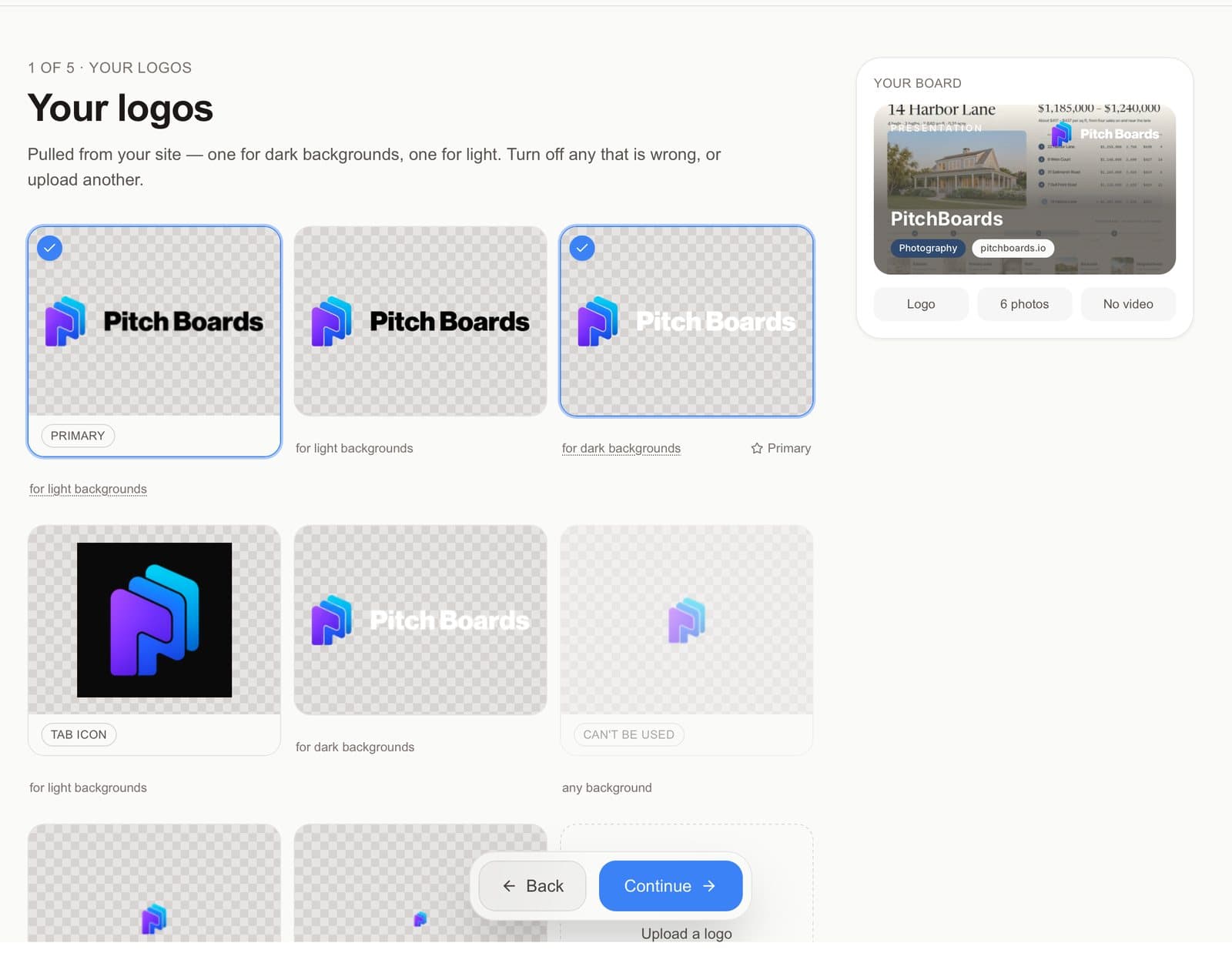 Step 1 of 5, Your logos, with logos found on the website and a Continue button.