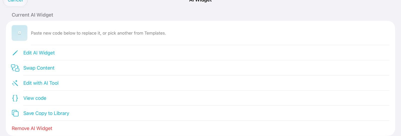 Current AI Widget with Edit AI Widget, Swap Content, Edit with AI Tool, View code, and more.