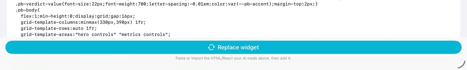 The Replace widget button under the pasted code.