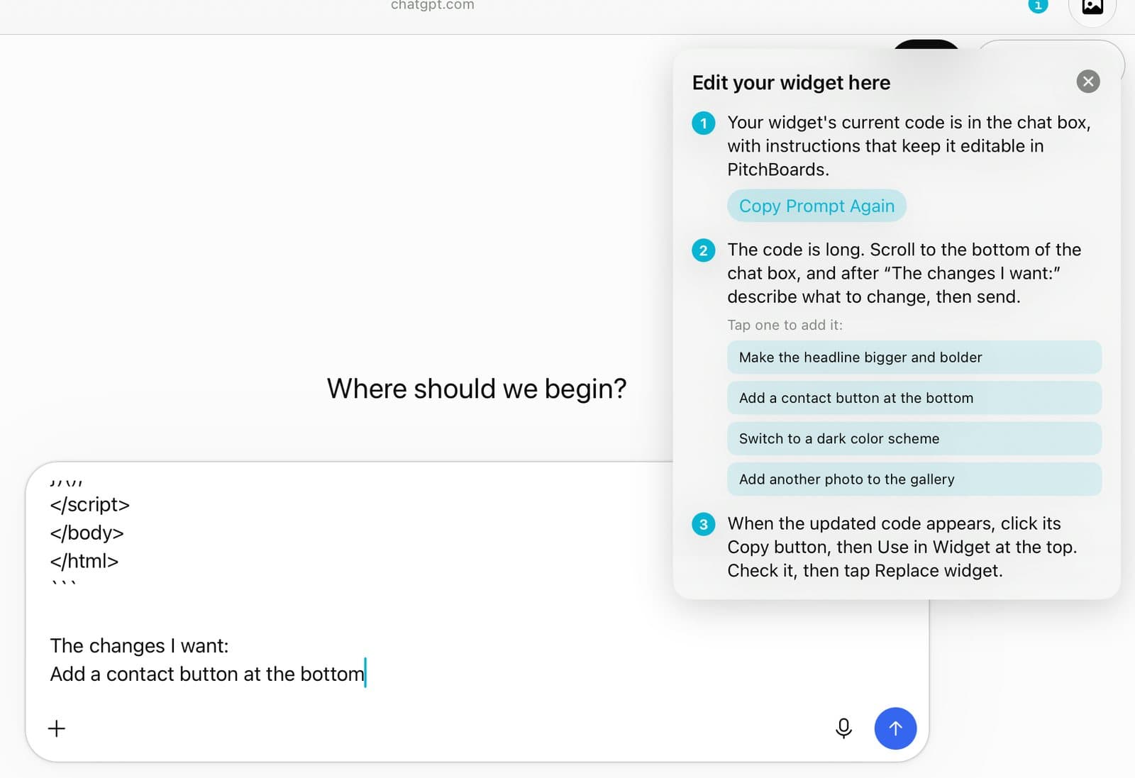 ChatGPT with The changes I want: Add a contact button at the bottom.