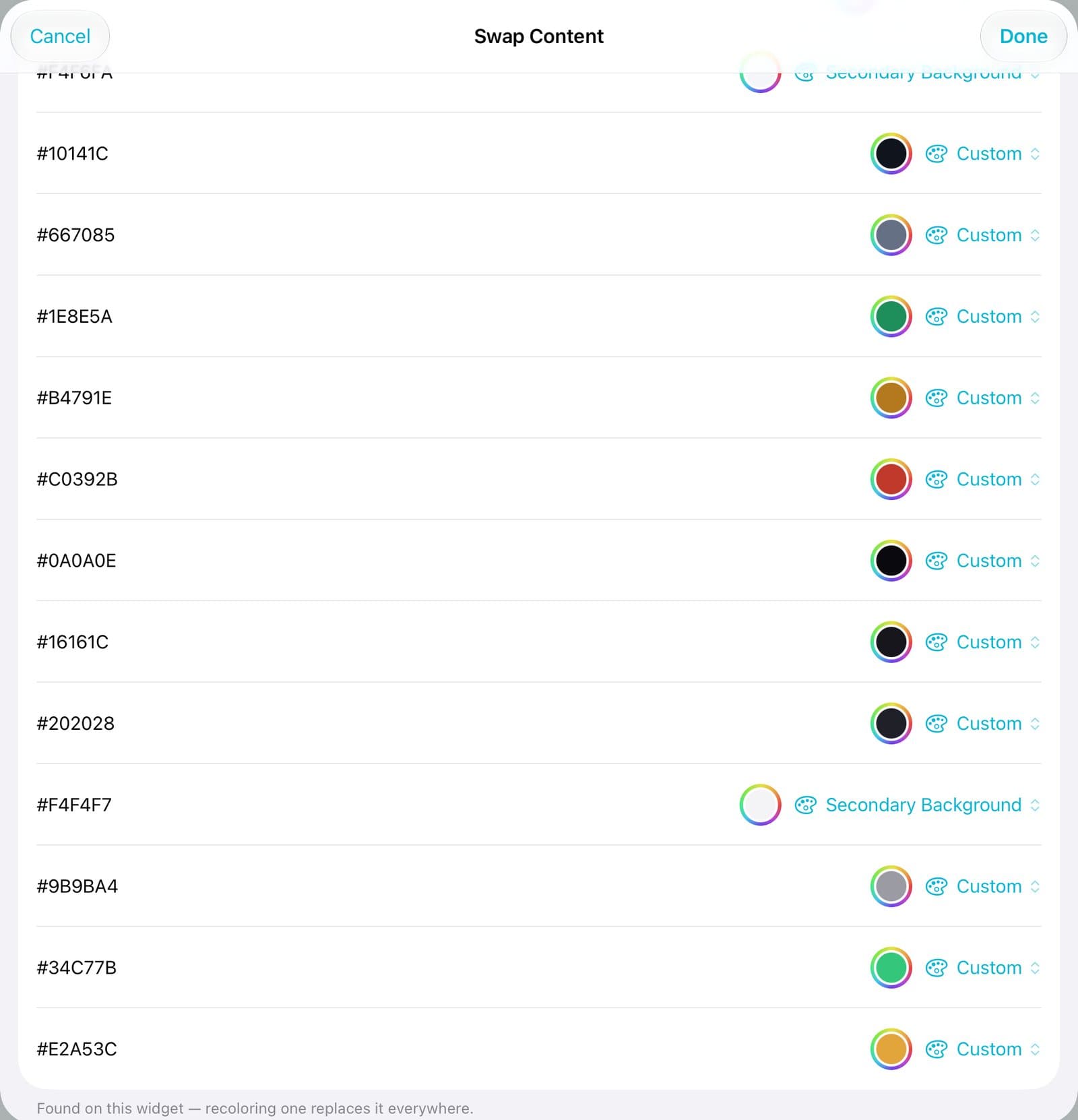 The Colors section listing the widget's colors.