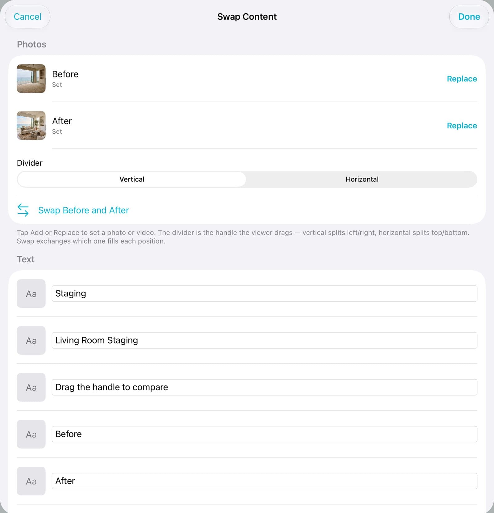 The Text section with Staging and Living Room Staging typed in.