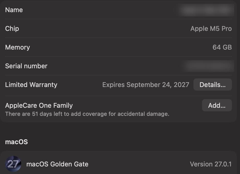 System Settings on a Mac, open to General, About, with the Chip row and the macOS version boxed.