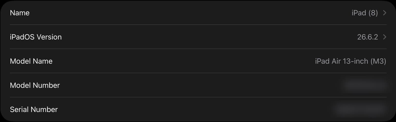 Settings on an iPad, open to General, About, with the iPadOS Version and Model Name rows boxed.