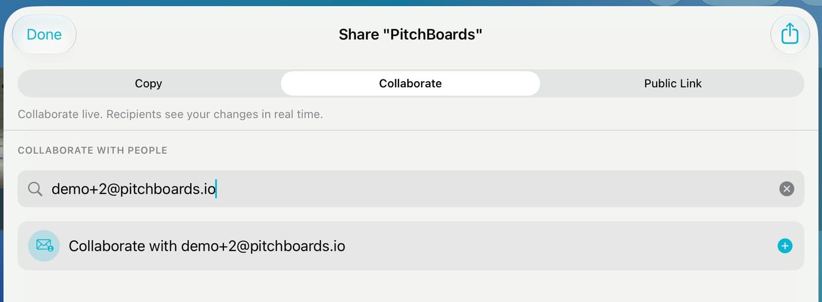 The Collaborate tab with an email typed in.