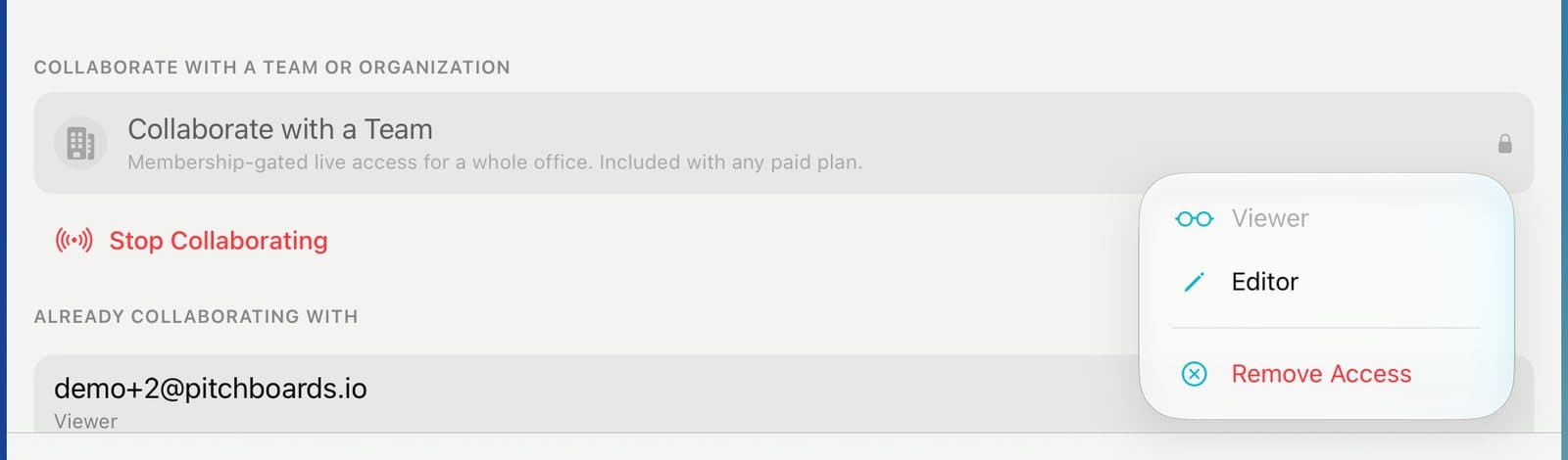 A person's menu with Viewer, Editor, and Remove Access.