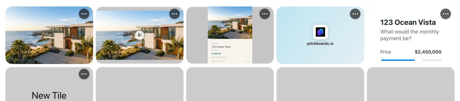 Five tiles showing a house photo, a video, a PDF cover, a website, and a payment calculator.