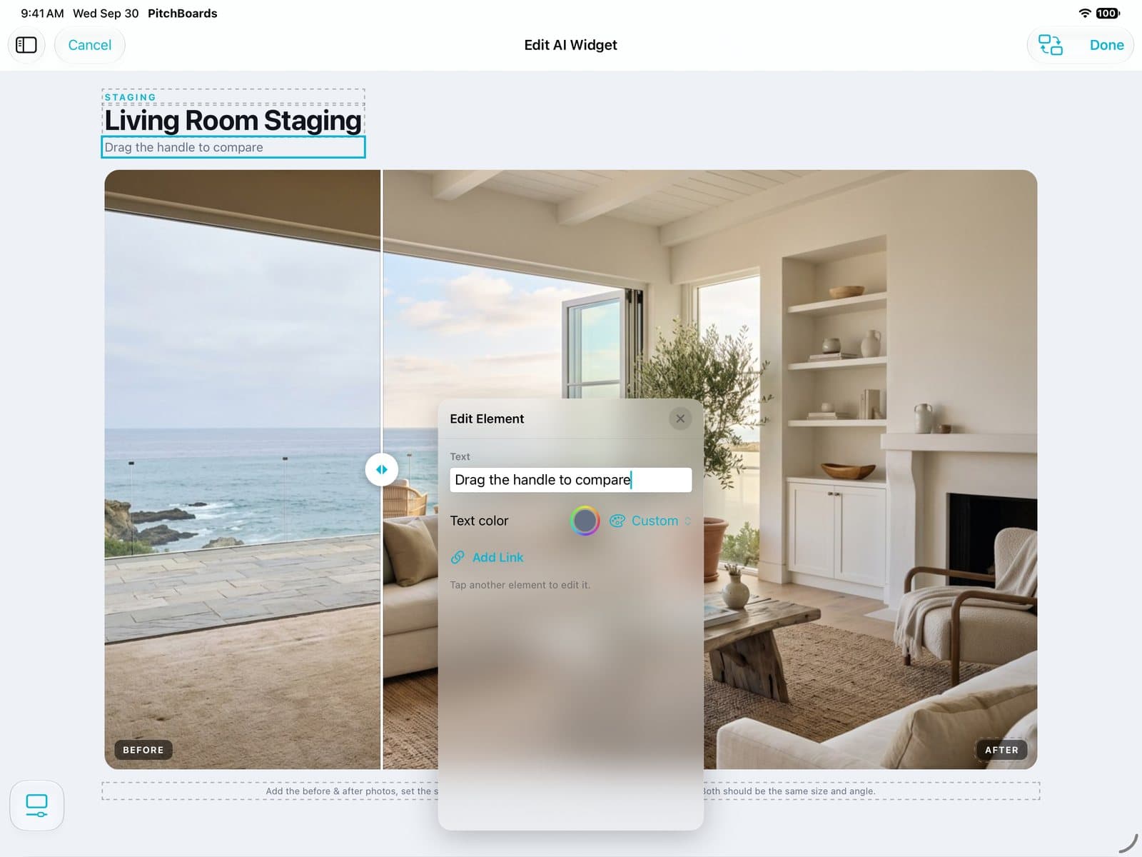 The widget with dotted outlines and the subtitle selected.