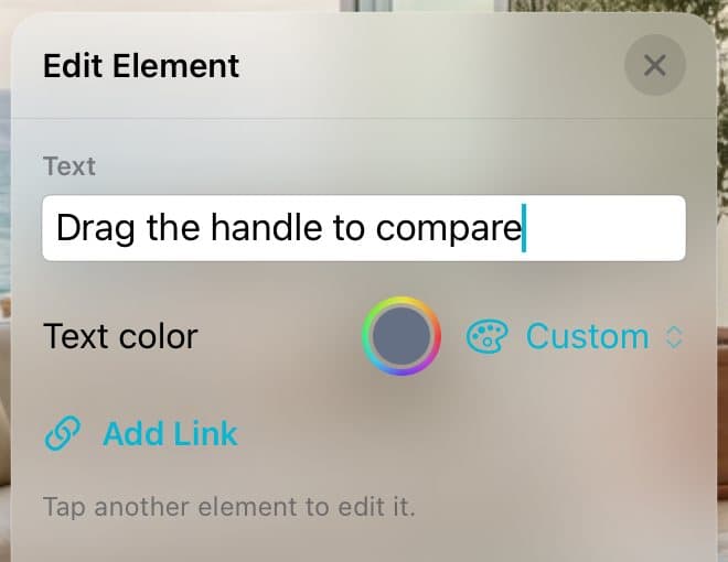 The Edit Element panel with Text, Text color, and Add Link.