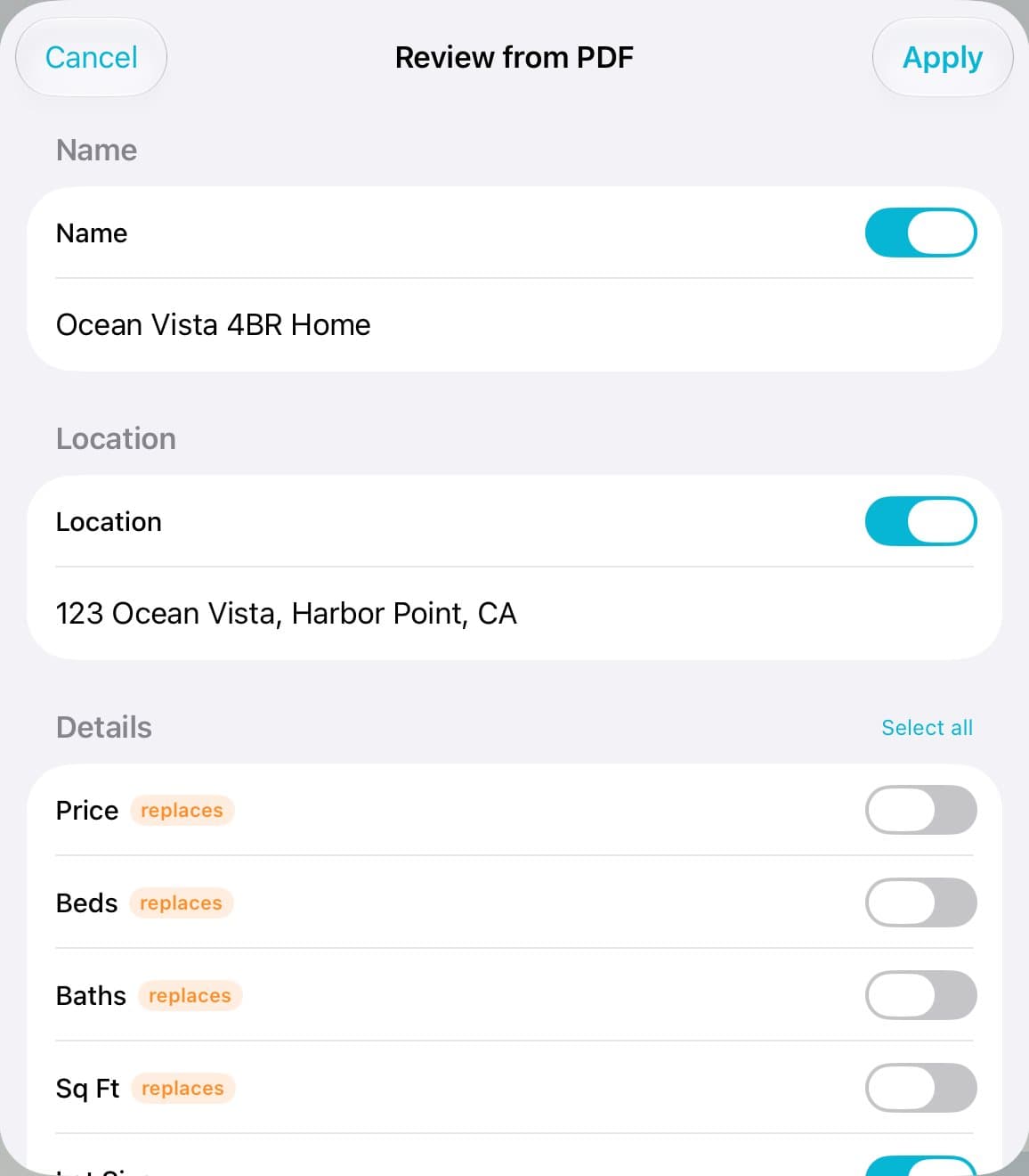 Review from PDF with the name, location, and details, and Select all.