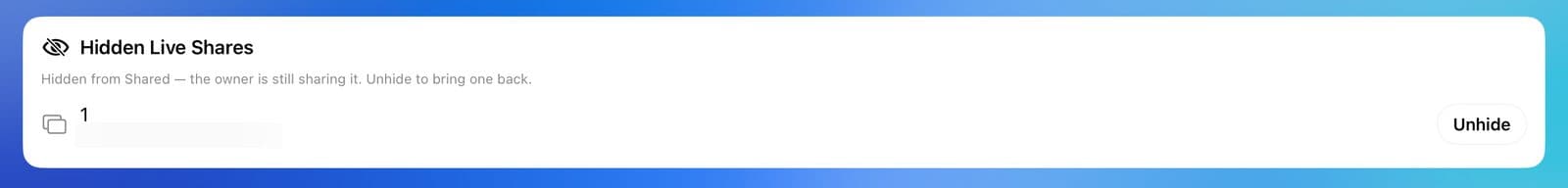 Hidden Live Shares with one board and an Unhide button.