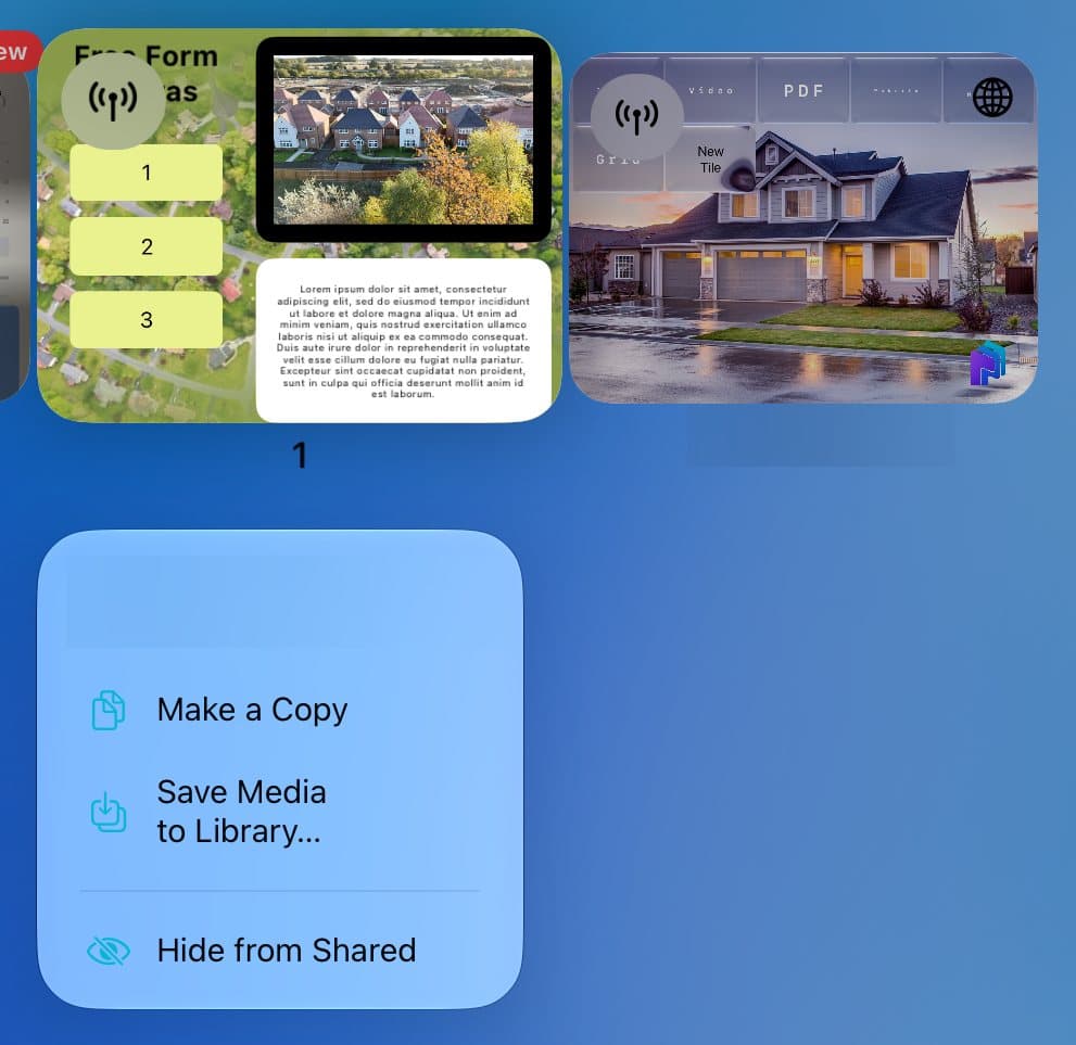 A shared board's menu with Make a Copy, Save Media to Library, and Hide from Shared.