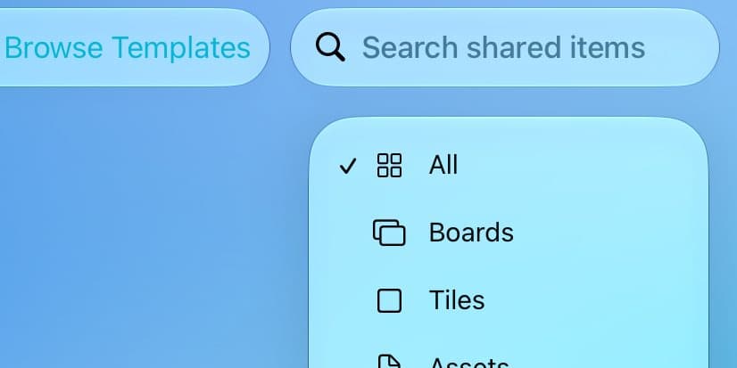 The Shared filter with All, Boards, Tiles, Assets, and Collections.