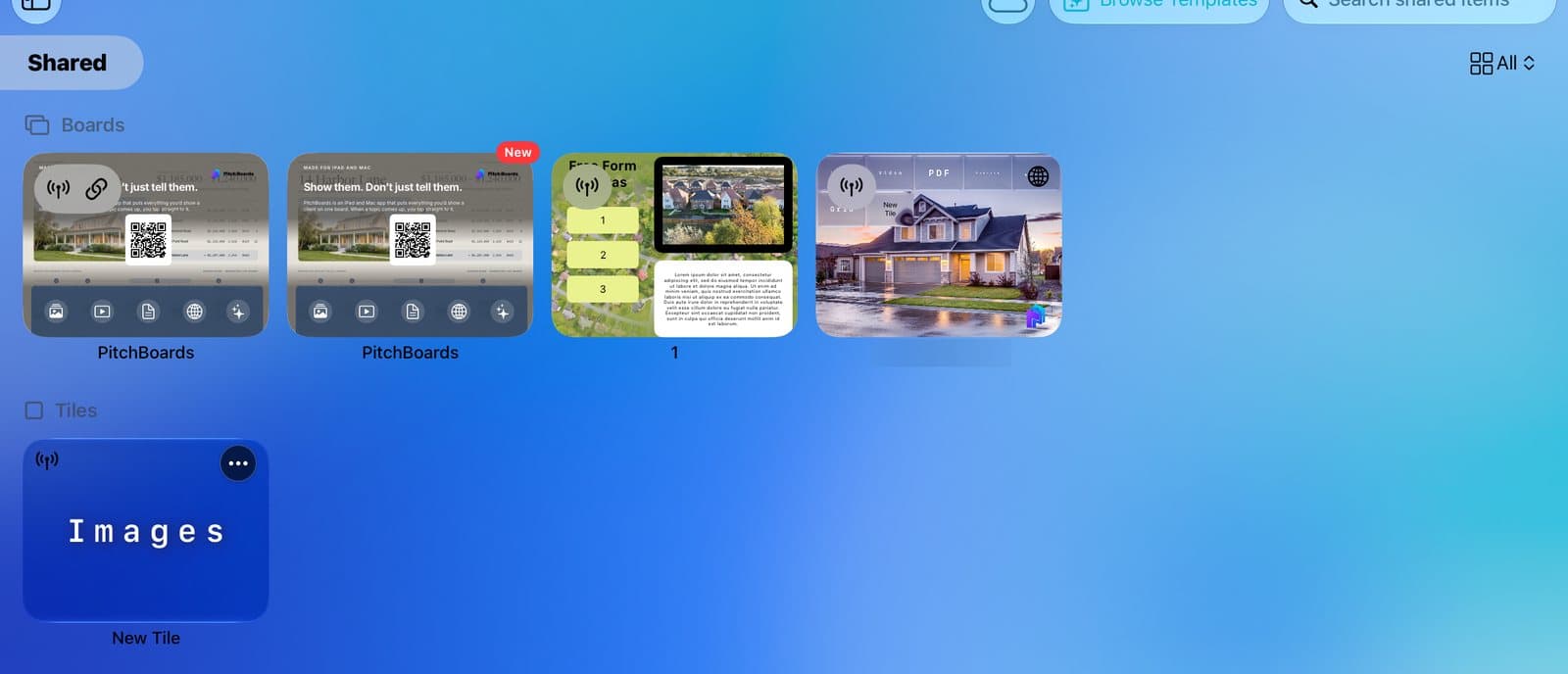 Shared with boards, a tile, and files, each with a live badge.