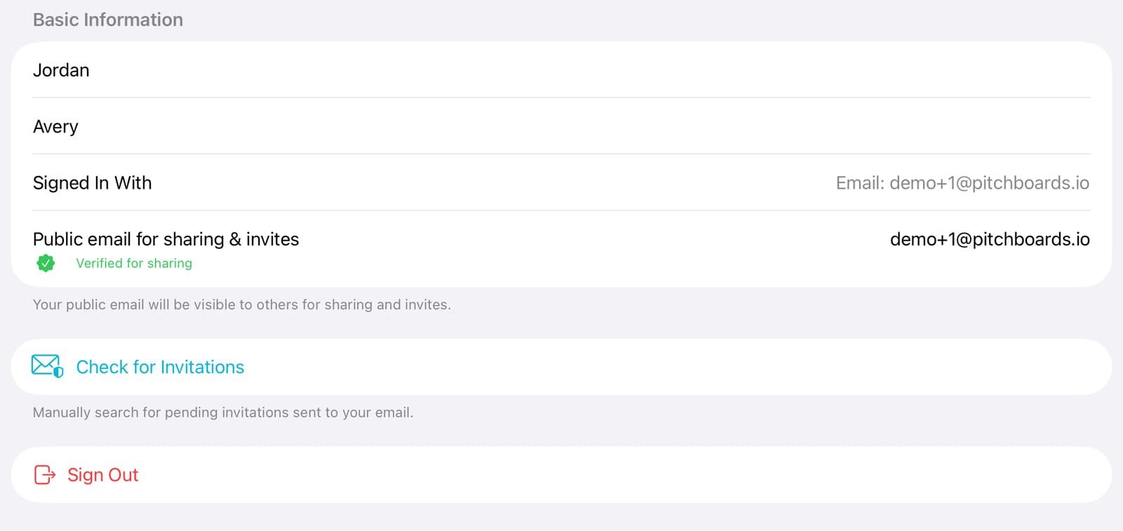 The Profile page with the red Sign Out button.